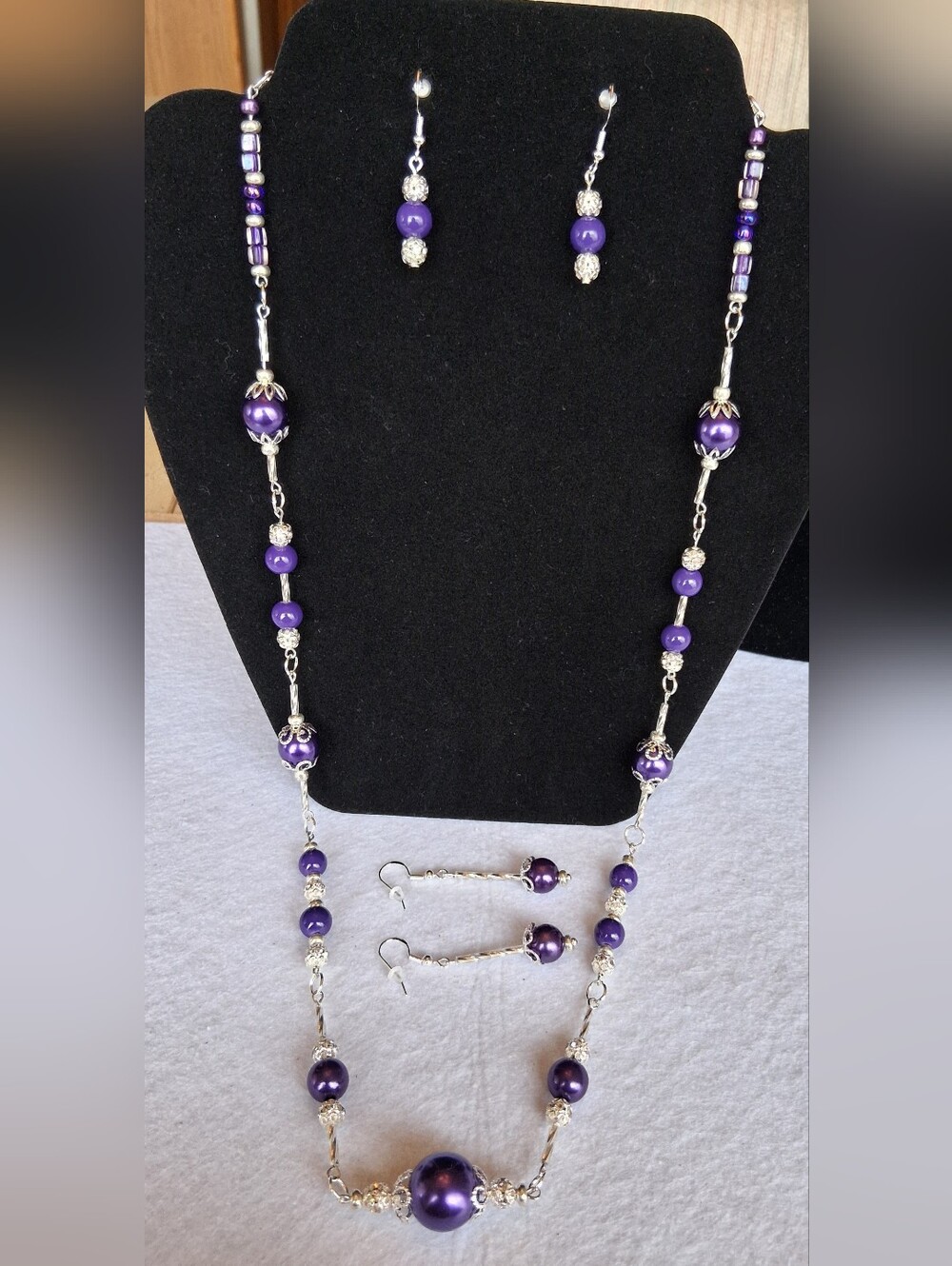 Hand Crafted Purple Bead Necklace and 2 Pair Earrings Set - Women Jewelry